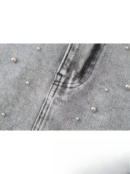 KONDALA Vintage Casual Chic Women Skirt Solid Slim Faux Pearls Denim Short Skirt New Fashion 2024 Summer Streetwear Mini Skirt