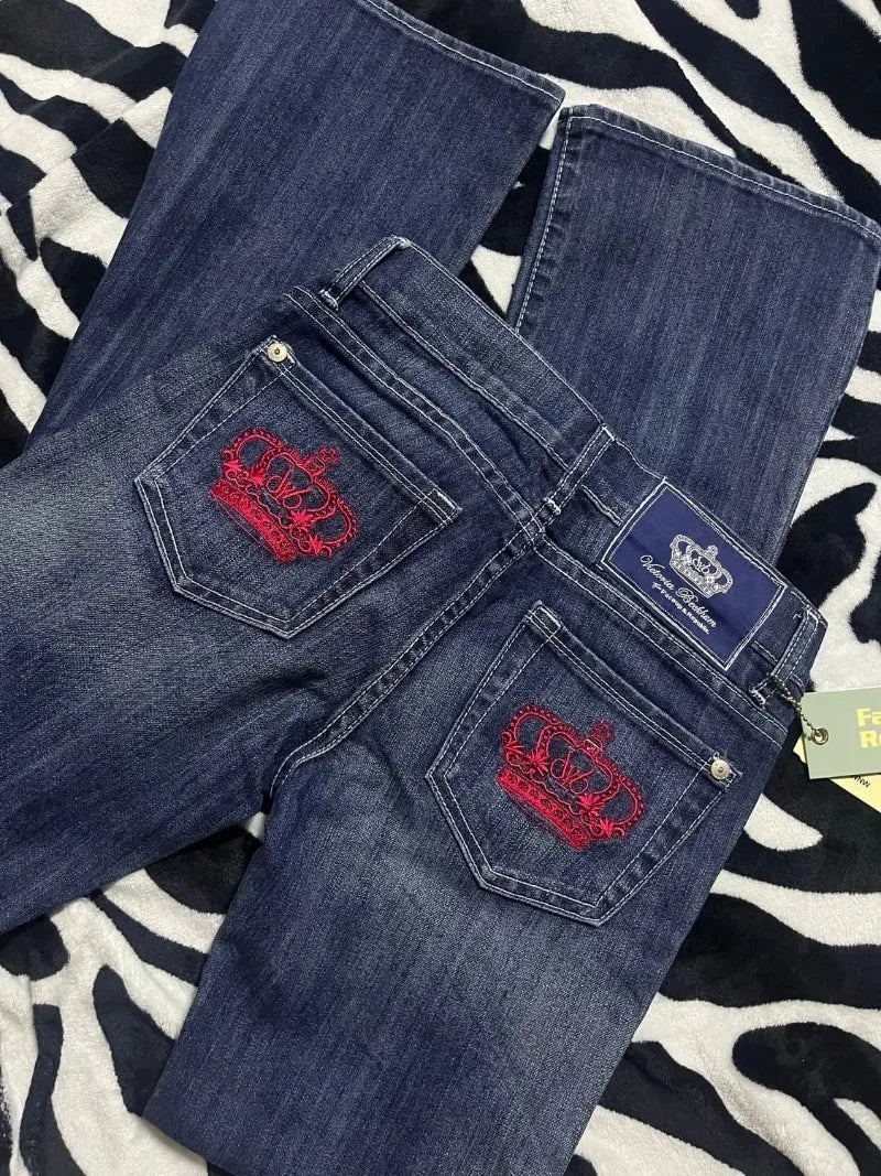 Streetwear New Fashion Red Crown Embroidered Baggy Jeans Women Y2K Gothic Harajuku Hip Hop Popular Casual Joker Couple Jeans
