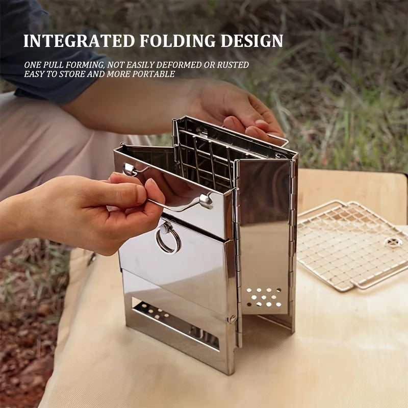 Portable Stainless Steel Mini Firewood Stove - Compact Outdoor Cooking Stove for Camping, Picnic & BBQ with Carry Bag