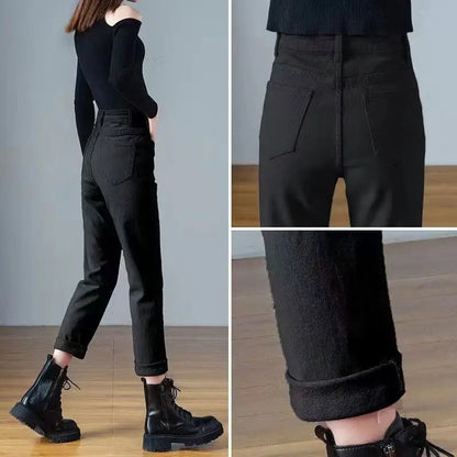Spring Winter New Plus Velvet Women Jeans Button High Waist Solid Pants Pockets Thicken Fashion Casual Straight Trousers 2022