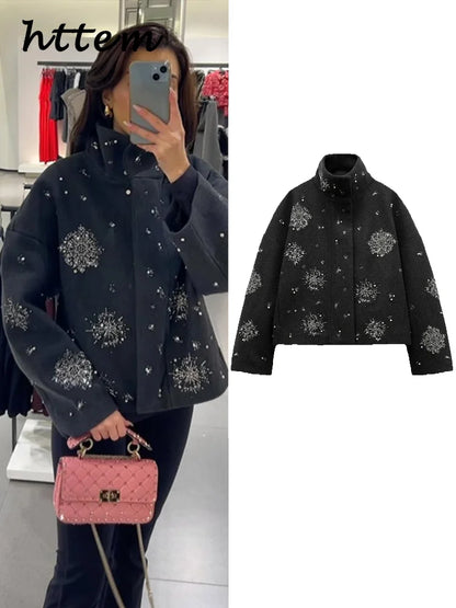 Street Women's Snowflake Beading Woolen Coat Elegant Stand Collar Zipper Full Sleeve Jacket 2024 Autumn Winter Lady Chic Outwear