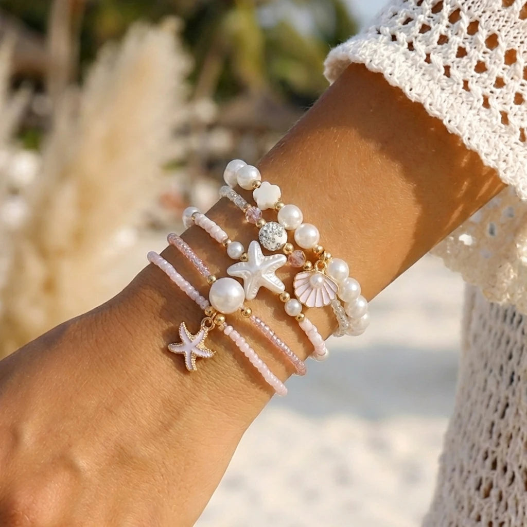 Cute Coral Starfish Shell Multi-Layer Bracelet for Women Ocean Series Fashion Stackable Beaded Jewelry Accessories