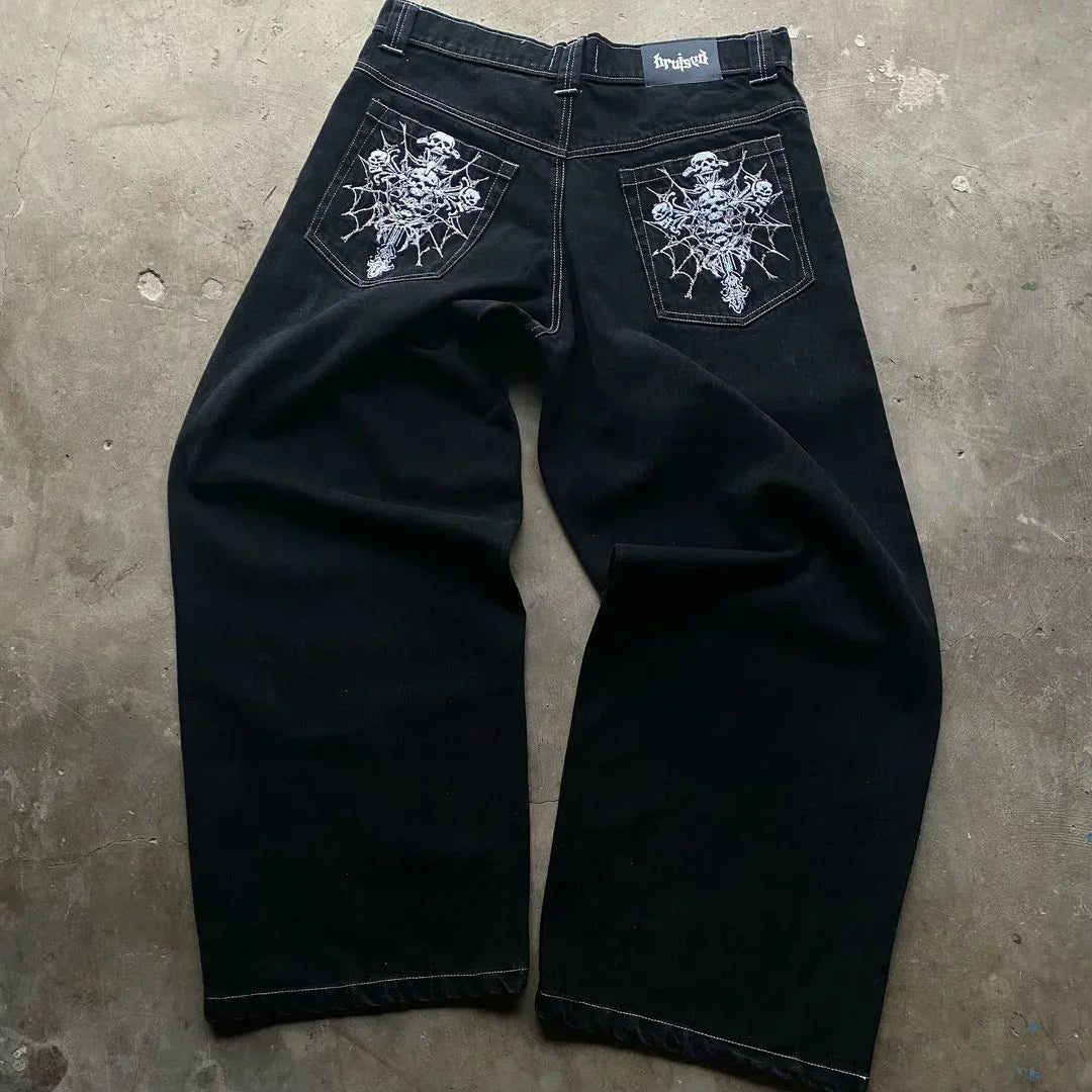 High Street Fashion Trendy Embroidery Pattern Harajuku Gothic Straight Wide Legs Casual Loose Punk Washed Old Denim Trousers