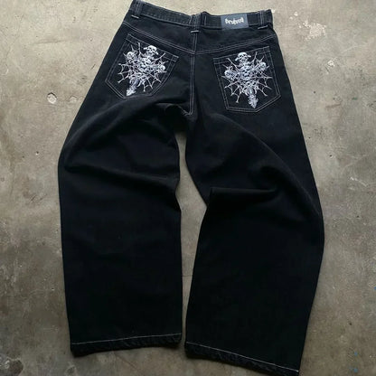 High Street Fashion Trendy Embroidery Pattern Harajuku Gothic Straight Wide Legs Casual Loose Punk Washed Old Denim Trousers