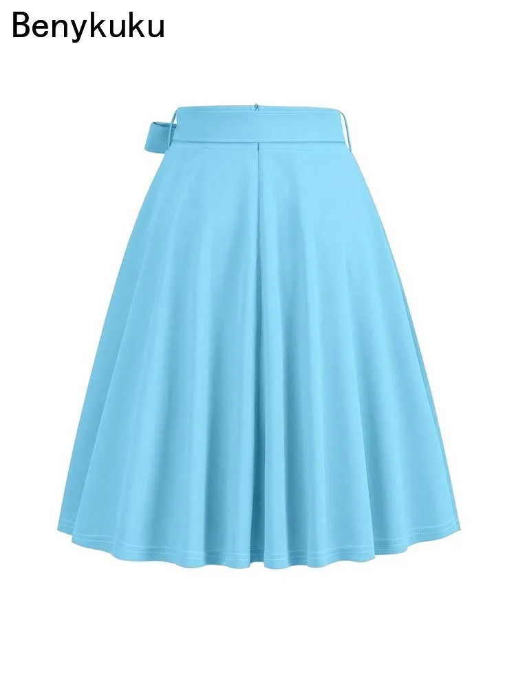2025 Women Retro Vintage Midi Long Skirt Solid Elegant High Waist A Line Skater 50s Swing Skirts Ladies Workwear Falda Mujer