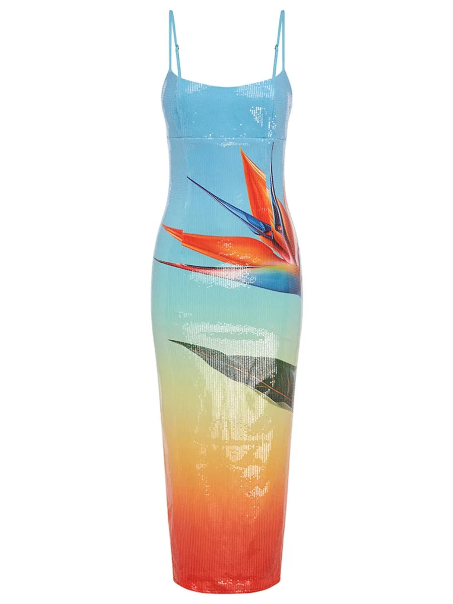 Women's Spaghetti Strap Long Dress Summer U Neck Sleeveless Leaves Pattern Slit Hem Contrasting Color Sequins Slim Dress