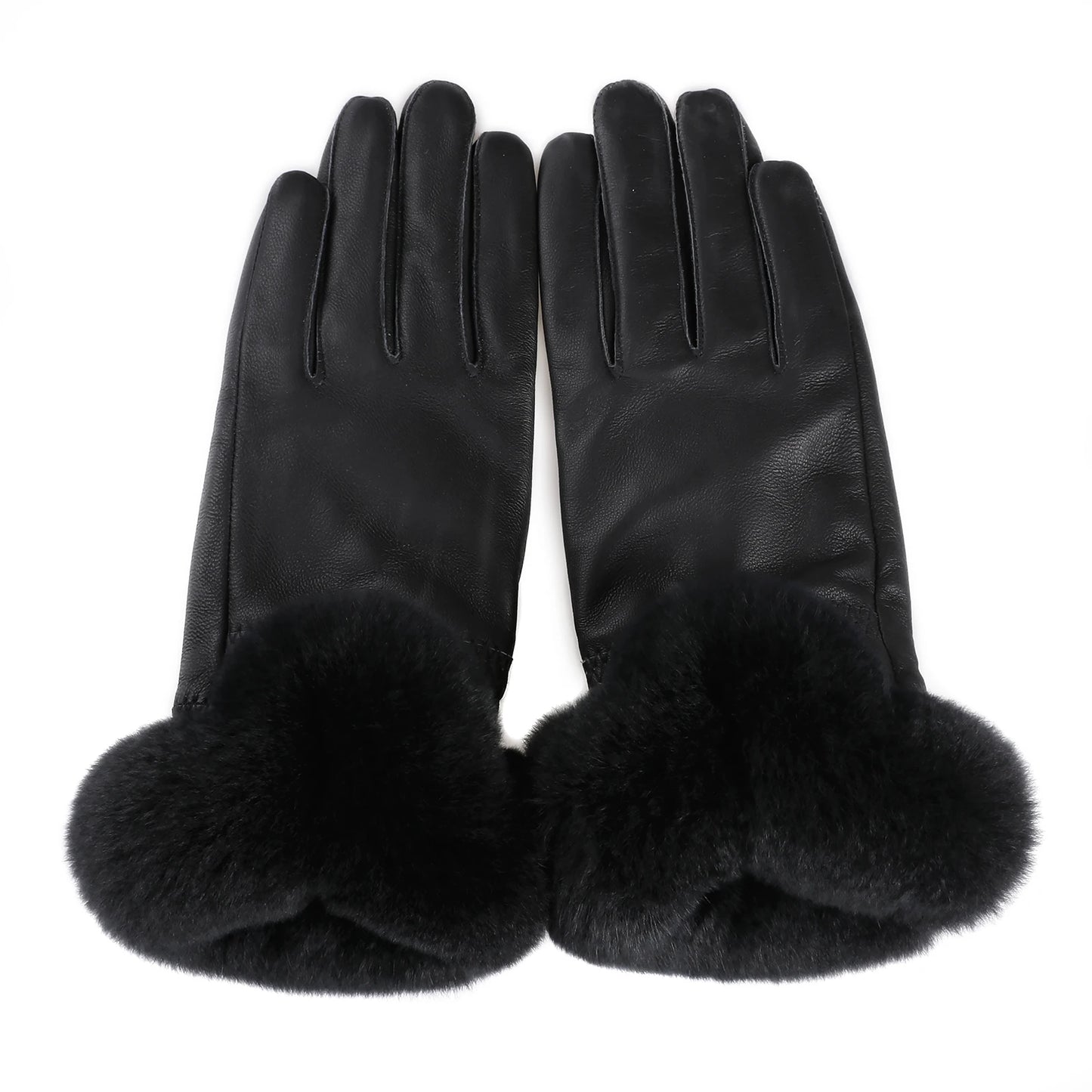 BOONJOVIA Elegant Women's Winter Warm Genuine Leather Gloves With Rex Rabbit Fur Trim Cuffs Velvet Lined