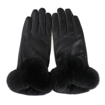 BOONJOVIA Elegant Women's Winter Warm Genuine Leather Gloves With Rex Rabbit Fur Trim Cuffs Velvet Lined
