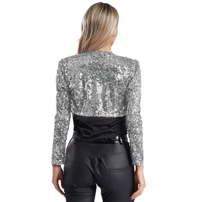 Womens Sequin Crop Jacket Open Front Long Sleeve Fully Lining Cardigan Cropped Blazer Bolero Shrug Cocktail Club Party Outerwear