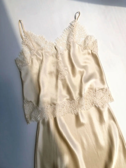 Women 100%Silk Lace Patchwork Set V-Neck Sleeveless Camisole + High Waist Shorts + Straight Long Skirt Sexy Ladies Suits