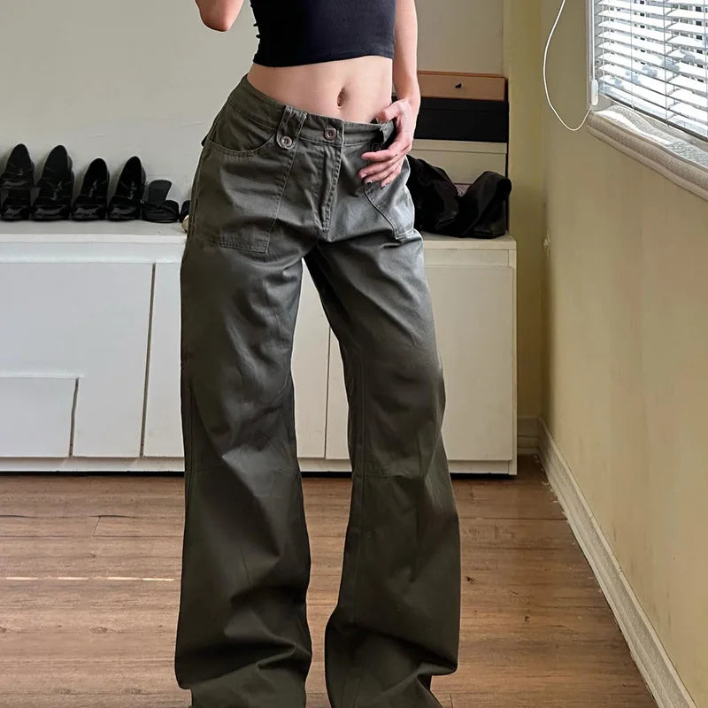 Low Waisted Flare Jeans Streetwear 2000s Clothes Y2k Women Bottom Belted Cargo  Vintage Denim Pants P67-DI27