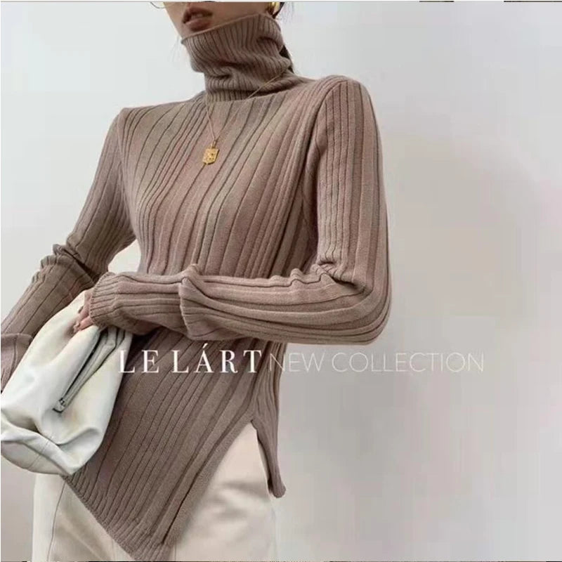 Turtleneck Women Sweater 2021 Autumn Winter New Side Slit Pullover Tops Korean Fashion Knit Sweaters Long Flare Sleeve Basic