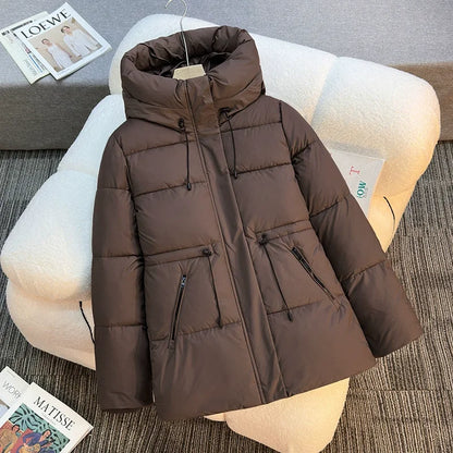 Winter Warm Hooded Coat Women's Mid-Length Waist Drawstring Jacket Windproof Thermal Outerwear