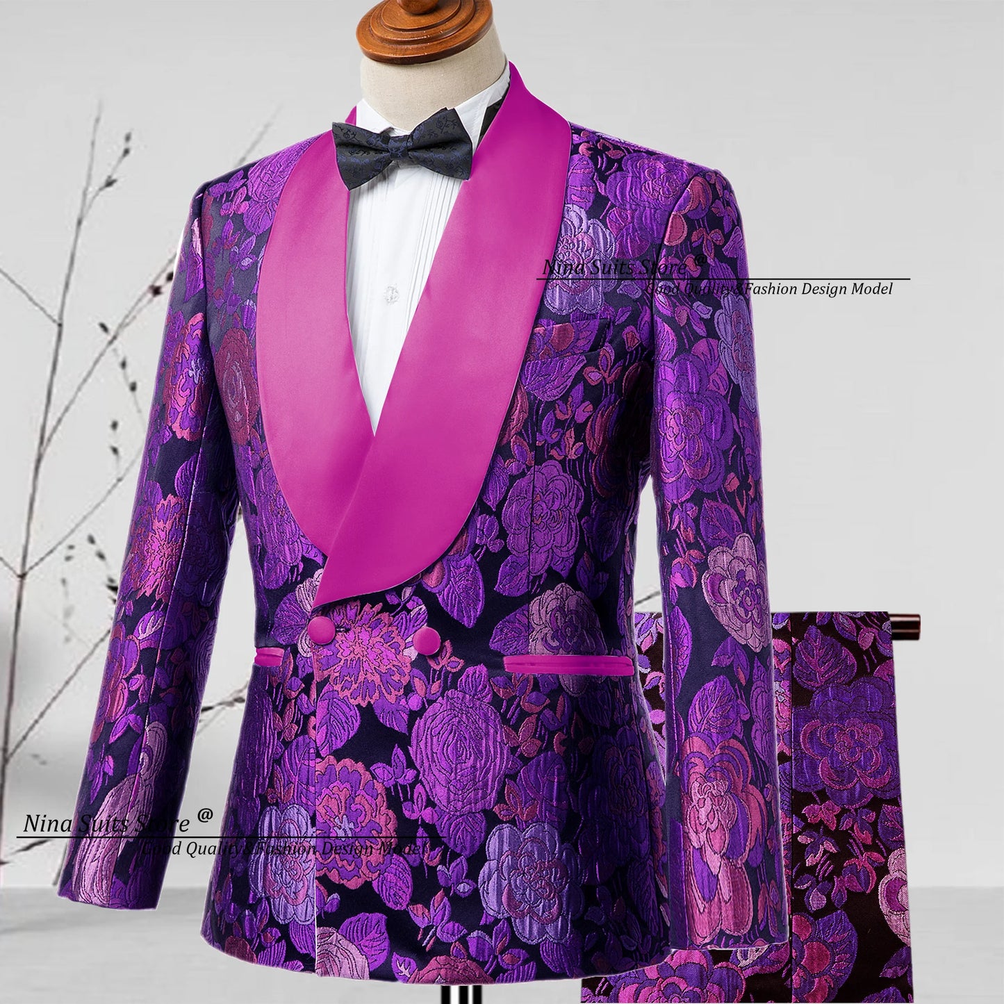 G&N 2025 New Jacquard Suit Men's 2-piece Formal Ball Performance Set Black Satin Collar Purple Rose Red Flower Pattern Costumes