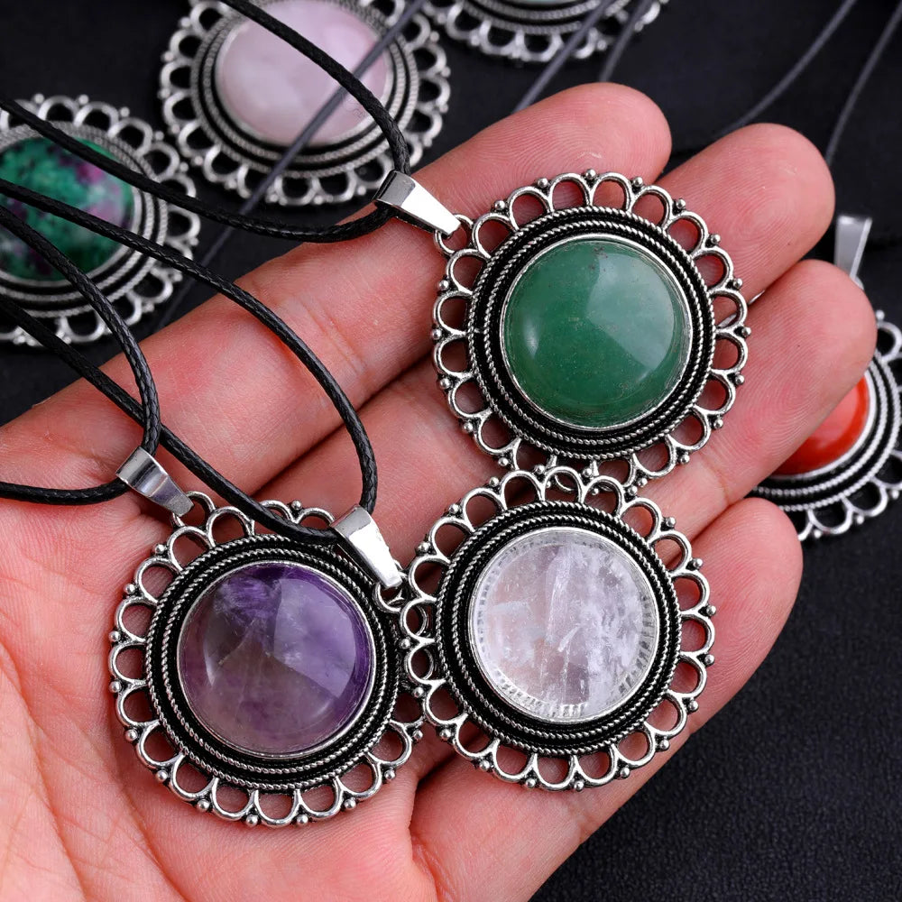 Lace Agate Necklace Vintage Style Round Pendant Necklace Handmade Necklace Gemstone Necklace Crystal Stone Necklace for Women