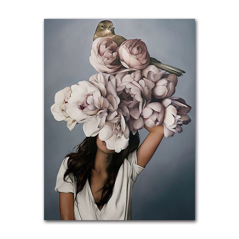 Decorative Painting Living Room Home Decoration Flowers Feathers Woman Abstract Canvas Painting Wall Art Print Poster Picture