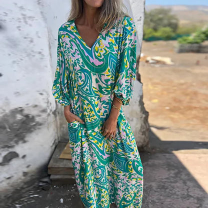 Vintage Leopard Print Loose Long Dresses Women 2025 Spring Elegant V Neck Pocket Maxi Dress Autumn 3/4 Sleeve Boho Holiday Dress
