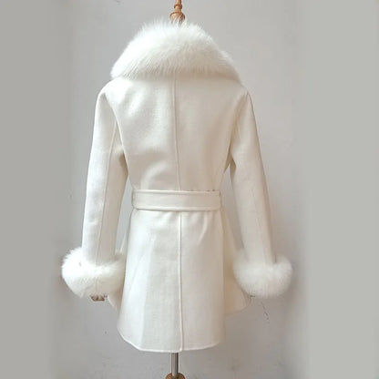 2023 Winter Real Fox Fur Coat Women Wool Jacket With Natural Fox Fur Collar Slim Female Woolen Cashmere Outwear