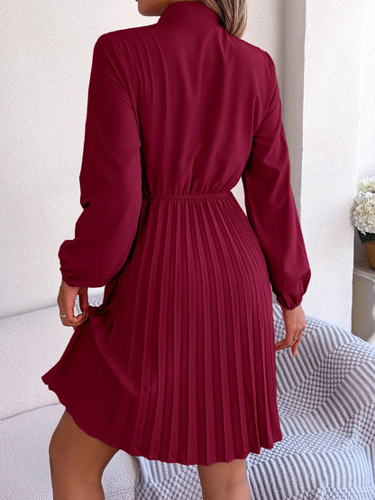 Women Fall Vacation Elegance V Neck Solid Tie Waist Ruffle Hem Pleated Midi Dress Long Sleeve Wedding Dress