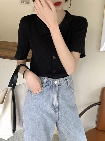 Cardigan Women Solid Short Sleeve Knitted Turn-down Collar Summer Casual All-match Tops Slim Button Up Students Korean Style