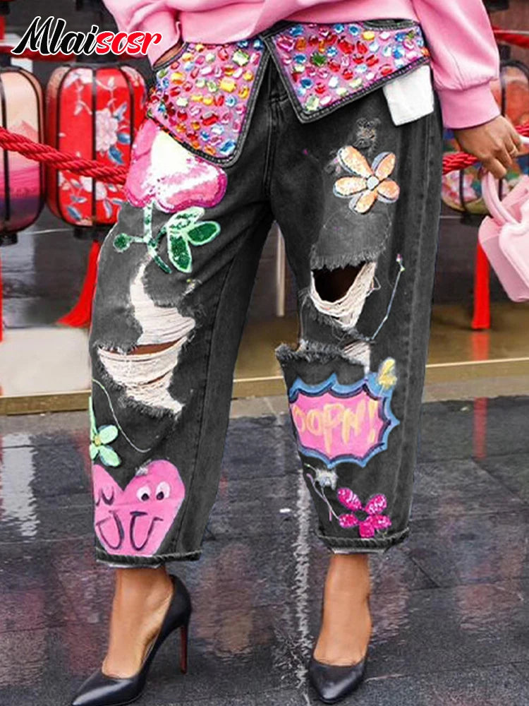 Mlaiscsr Harajuku Print Diamond Patchwork Baggy Jeans Women Mid Waist Button Pocket Denim Wide Leg Pants y2k Birthday Trousers