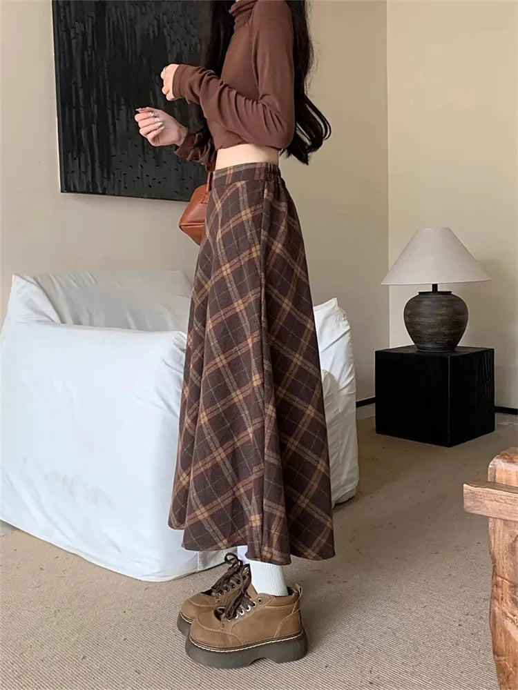 Tweed plaid high waist half-body skirt female fall and winter new retro loose big yards leisure long A-line half-body skirt