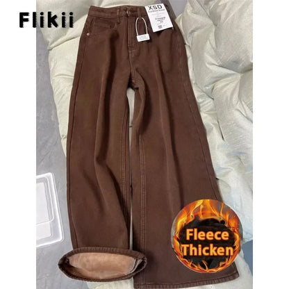 Women Casual Retro Wide Leg Fleece Thicken Denim Trouser Harajuku Loose Jeans 2025 Winter Solid High Waist Y2K 2000s Brown Pants