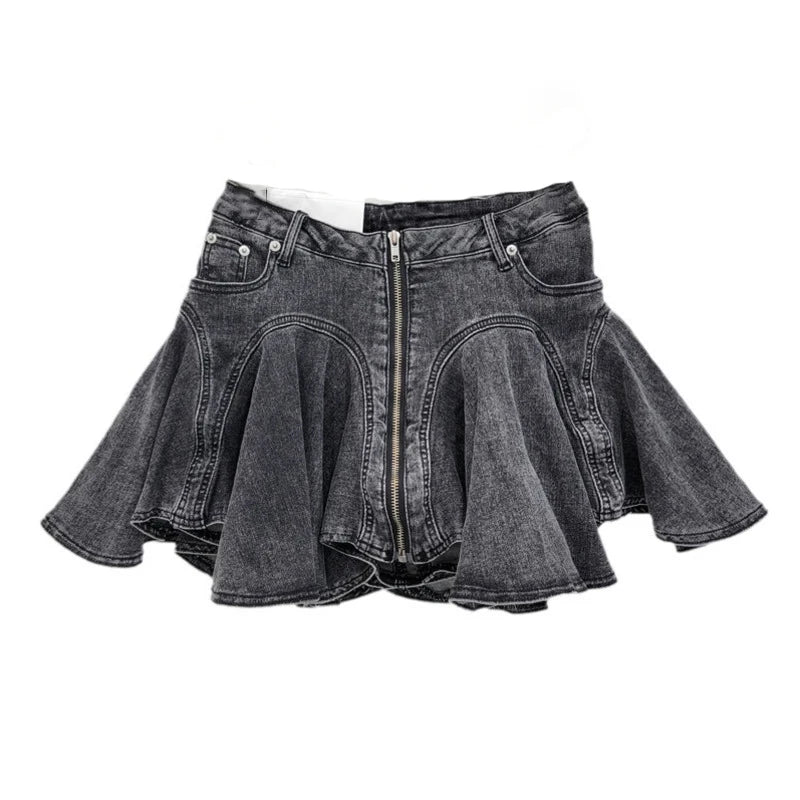 DEAT 3D Cutting Ruffled Edge Denim Skirts For Women 2024 Summer New Fashion Zipper Splicing Pleated Elastic Skirt Female 11A0198