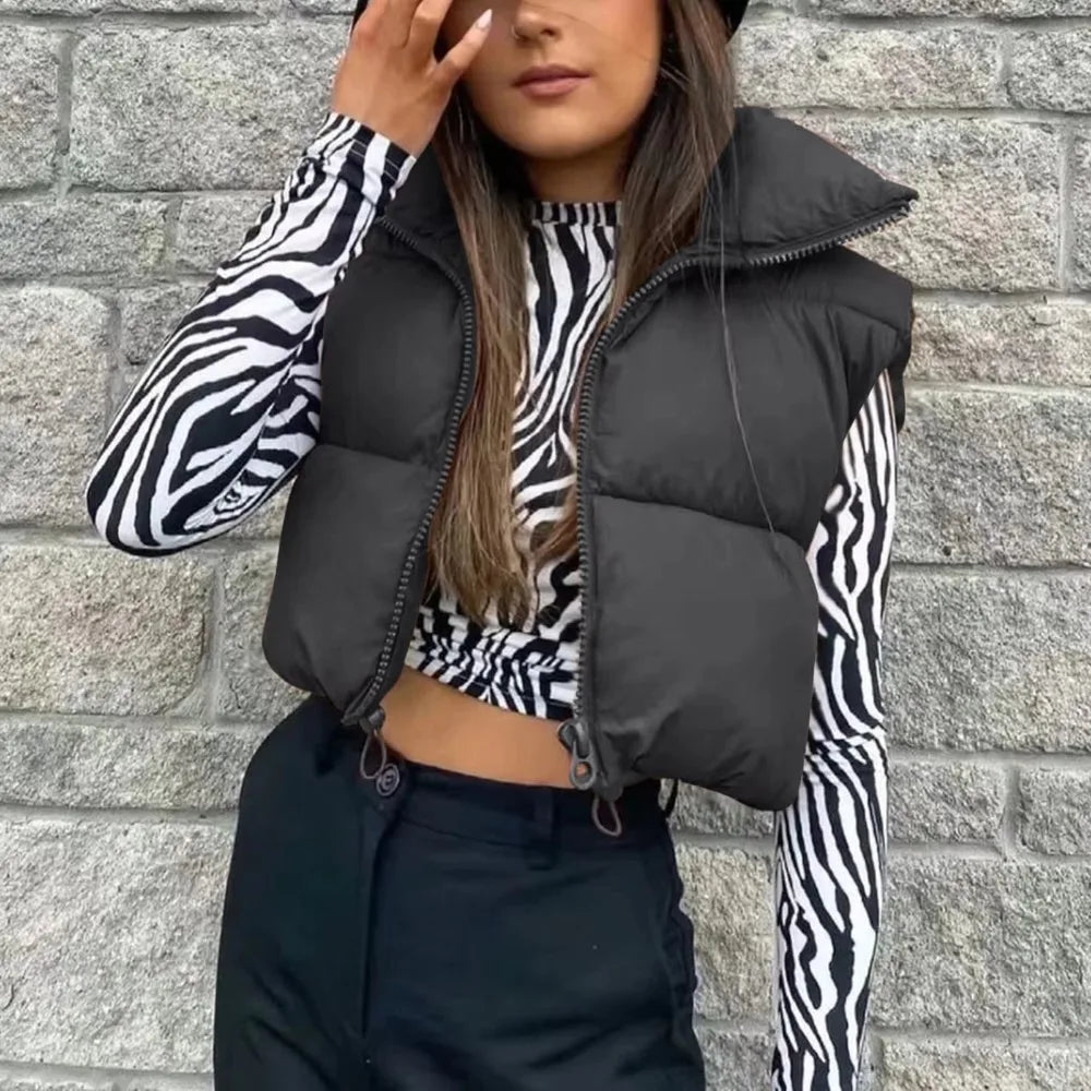 2024 New Autumn Winter Women's Down Vest Cotton Stand-up Collar Sleeveless Quilted Vest Warm Short Outdoor Travel Jacket