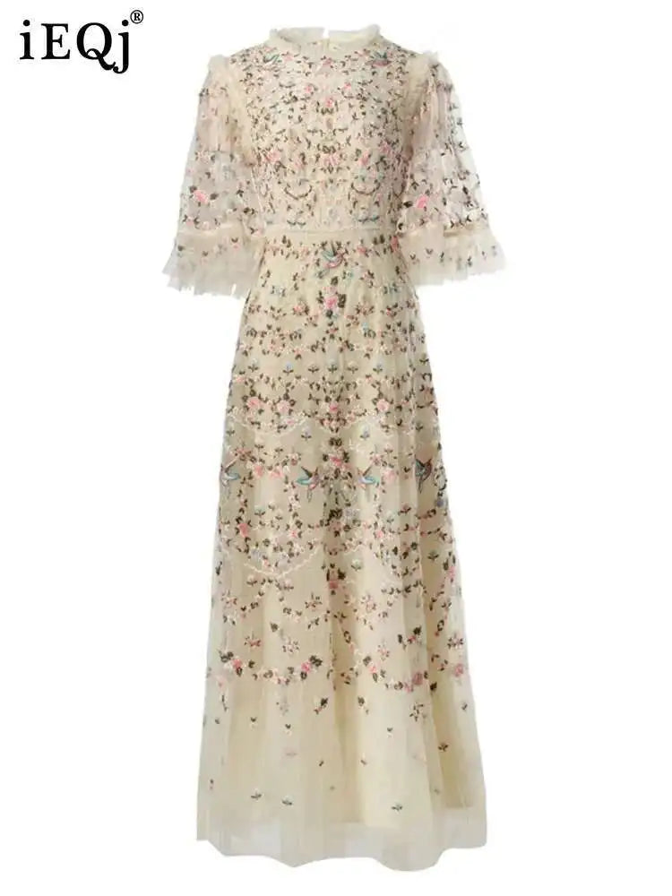 IEQJ Printing Embroidered Fales Design Dresses For Women Round Neck Short Sleeve High Waist Elegant Dress Autumn 2025 3WM1391