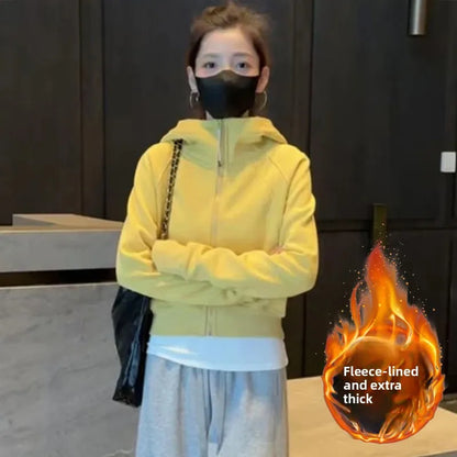 Korean Sle Winter New All-Match Hooded Zipper ort Sweatirt Jaet Thiened Fce Warm Casual Pants Set