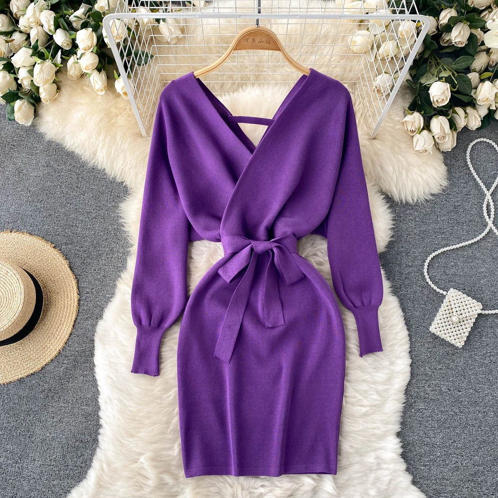 YuooMuoo Women Dress 2025 Autumn Winter Elegant Sash Bandage Bodycon Mini Dress Chic Fashion Y2K Knitted Ladies Dresses Party