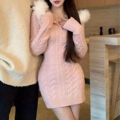 Autumn Winter Elegant Women Sweater Christmas Red Slim Fur Patchwork Hooded Knitted Dress Female Korean Knitwear Hoodie Tops