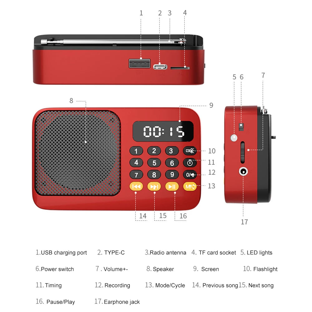 Handheld Rechargeable Digital FM USB TF MP3 Player Portable Radio Music Player Speaker Devices Supplies With LED Display Radio
