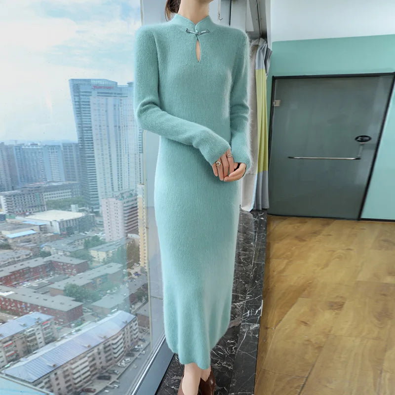 Retro Collar Buckle Knit Dress Female Pullover Long Over-The-Knee Solid Color Joker Slim Mink Cashmere Dress