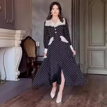 Fashion Slim Print Women'S Dress Elegant Doll Collar Long Sleeve Office Midi Dresses Casual High Waist Female Dress