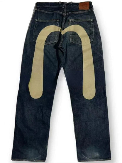 Retro 90s Japanese Style Street Personality Printed Straight DenimTrousers Y2K Rock Gothic Punk Loose Jeans Couple Clothing