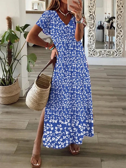 Simple Fashion Women's V-neck Dress Striped Print Women's Dress Summer Loose Comfortable Slit Women's Short-sleeved Dress