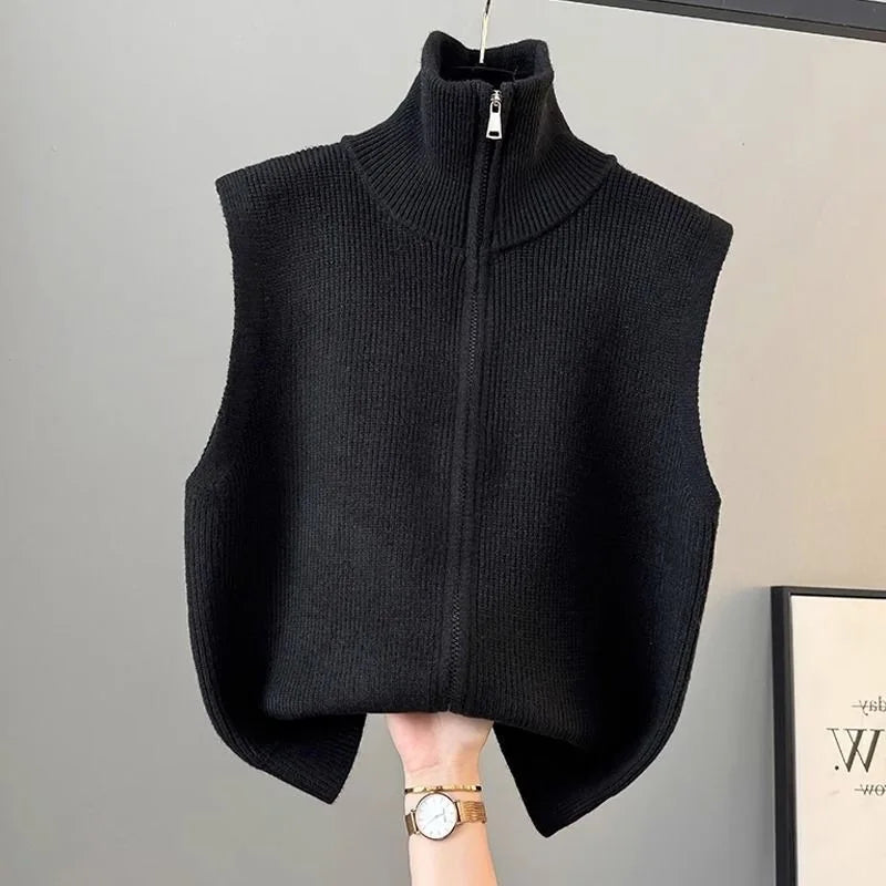 High Collar Zipper Knitted Open Cardigan Vest Women's Loose Layering Jacket Sweater Shoulder Pad Spring Autumn Winter New Style