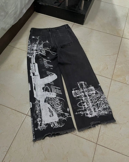 New Cyberpunk Jeans Mens American Y2K Red Graphic Street Goth Baggy Wide-Leg Pants Harajuku Hip-Hop Straight Pants