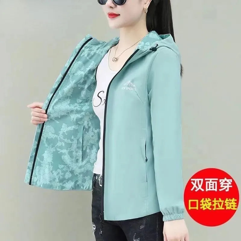 Double-Sided Wear Hooded Windbreaker Women Coat 2025 New Spring Autumn Korean Fashion Loose Jacket Female Mom Outwear Tops T947