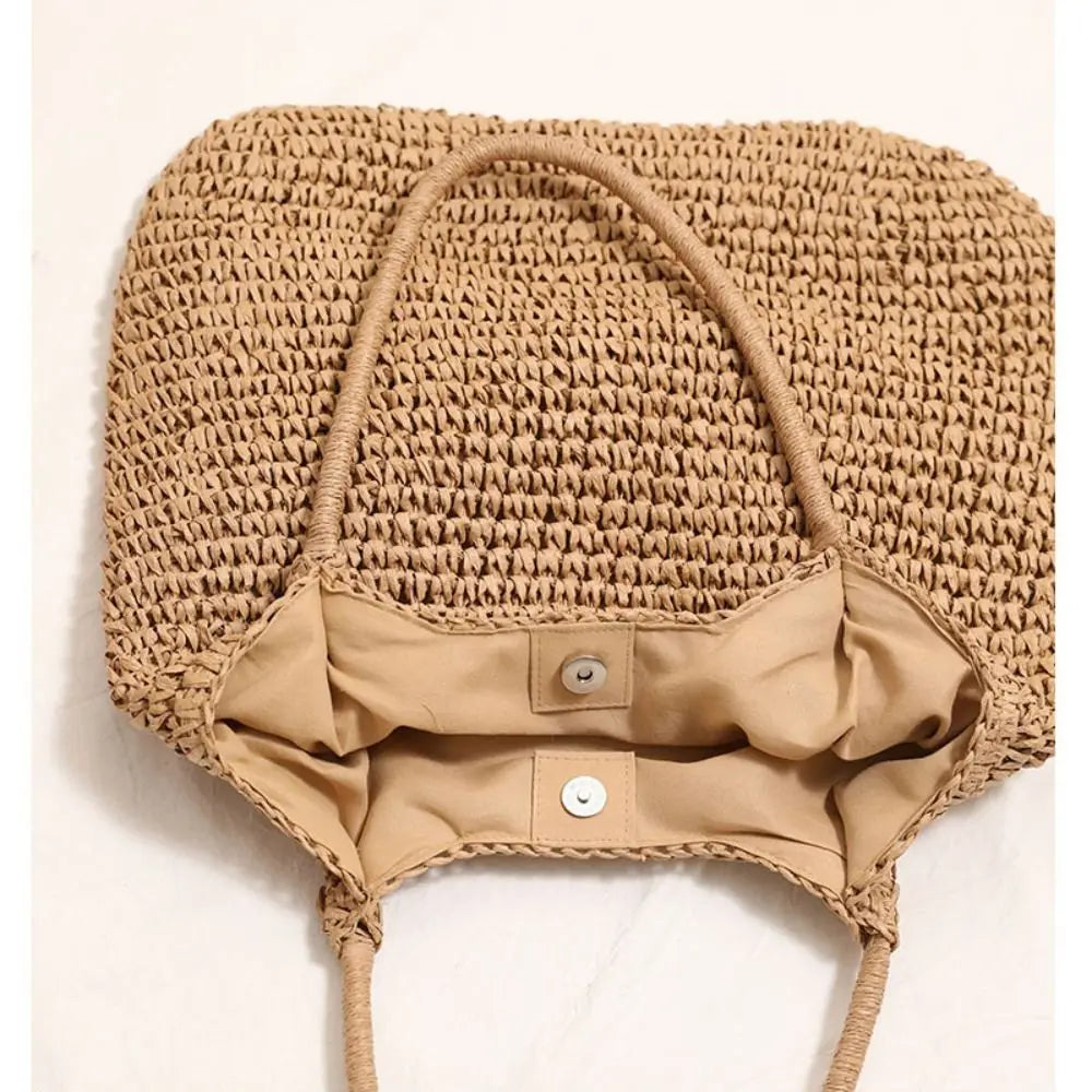 Fashion Straw Tote Bag Woven Solid Color Beach Bag Large Capacity Square Casual Shoulder Bag