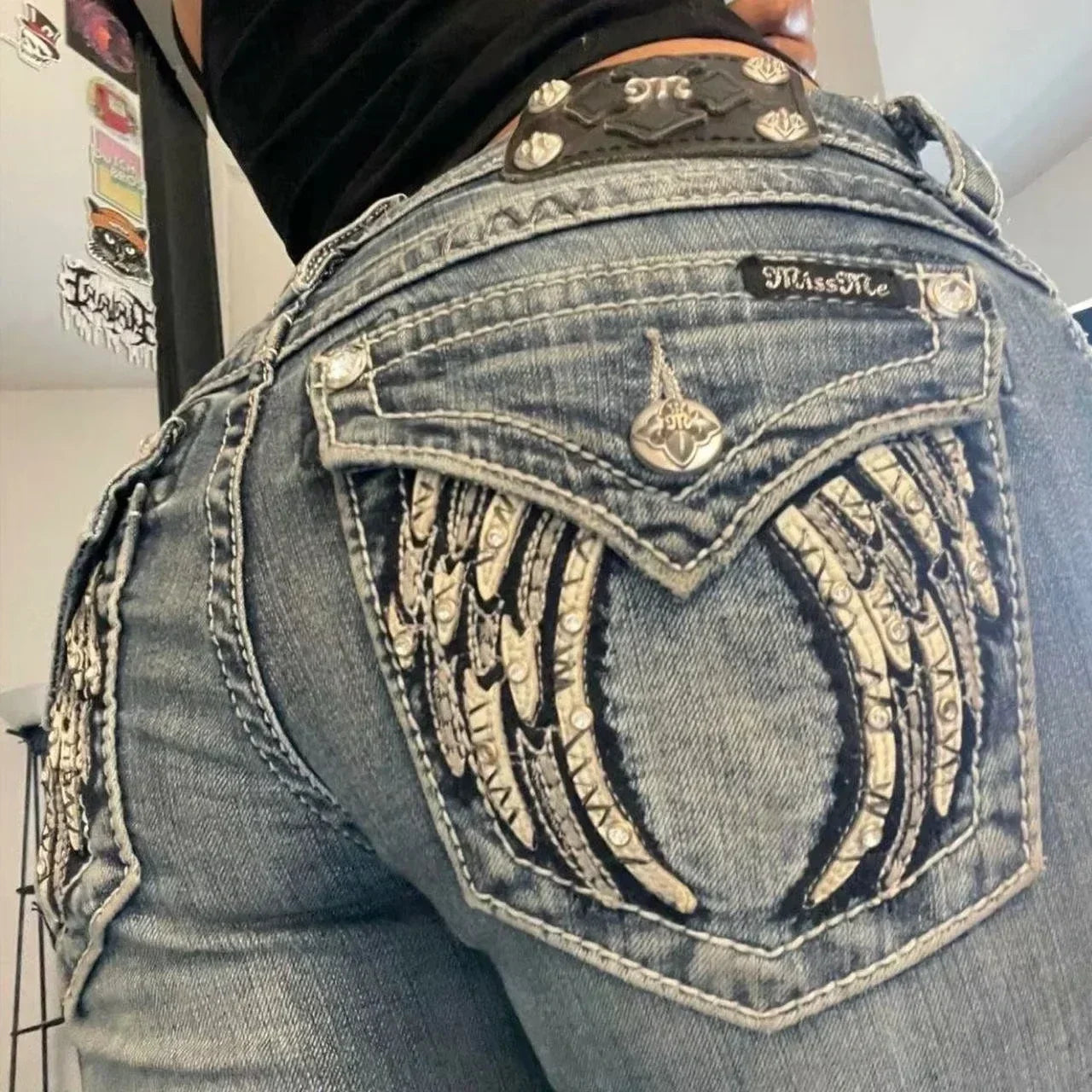 Women Y2K Vintage Embellished Bootcut Jeans Crystal Pocket Design Blue Denim Flared Pants Casual Fashion Trendy Slim Fit Stretch