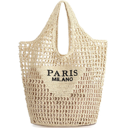 Straw Beach Bags for Women - Women Beach Handmade Woven Tote Bag, Summer Mesh Hollow Shoulder Bag for Holiday