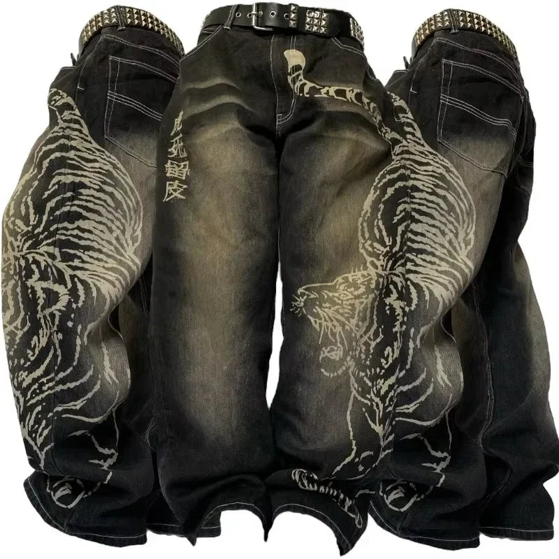 Streetwear New Fashion Red Crown Embroidered Baggy Jeans Women Y2K Gothic Harajuku Hip Hop Popular Casual Joker Couple Jeans
