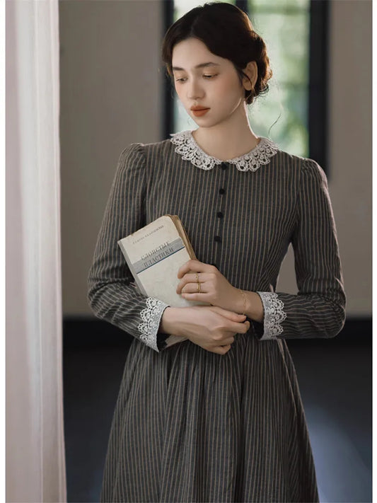 86-98cmBust SpringFall Long Dresses Women French Miss Austin Vintage Elegant Slim Exquisite Lace Collar 100%Cotton Striped Dress