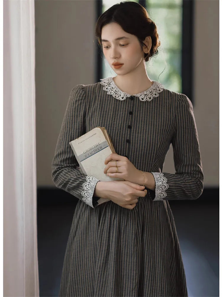 86-98cmBust SpringFall Long Dresses Women French Miss Austin Vintage Elegant Slim Exquisite Lace Collar 100%Cotton Striped Dress