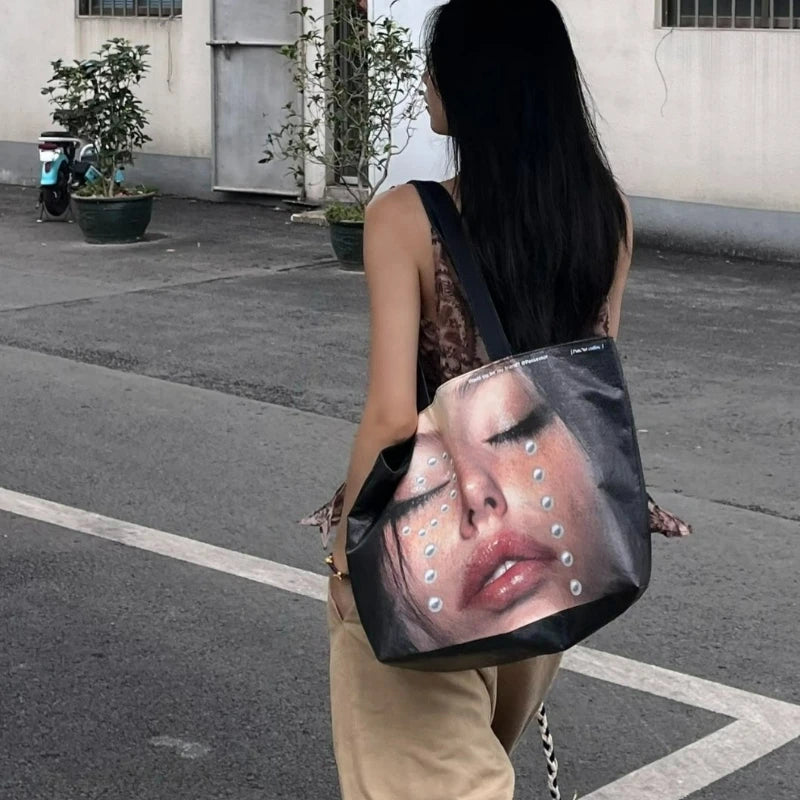 New Stylish Large-capacity Waterproof Shoulder Bag - Creative Women's Face-print Handbag - DuPont Paper Large Shopping Bag