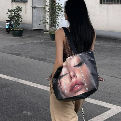 New Stylish Large-capacity Waterproof Shoulder Bag - Creative Women's Face-print Handbag - DuPont Paper Large Shopping Bag