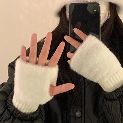 Women's Knitted Fingerless Gloves Touchscreen Thermal Plush Gloves for Autumn Winter Non-Slip Grip